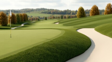 Obraz premium A scenic golf course featuring a green, a flagstick, sand bunker, and rolling hills under a partly cloudy sky.