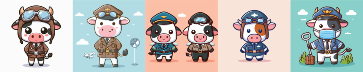 cute cow vector in pilot costume