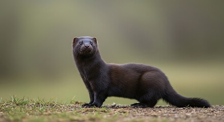 Alert American Mink Standing on Ground Looking at Camera in Natural Habitat