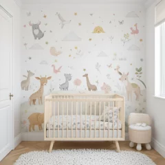 Kids room wallpaper with animals and pastel colors. Nursery wall mural, very minimalistic drawing, white wall, © Steven