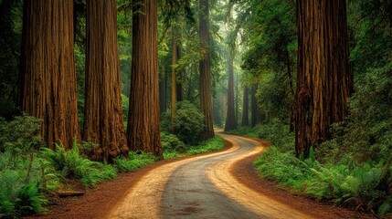 Naklejka premium A winding forest path disappearing into dense, ethereal fog surrounded by tall trees