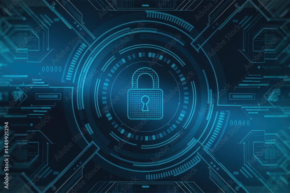 Poster abstract digital graphic design with a security lock icon.