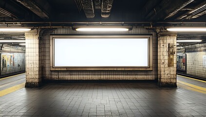 A blank white billboard in the middle of an empty subway station