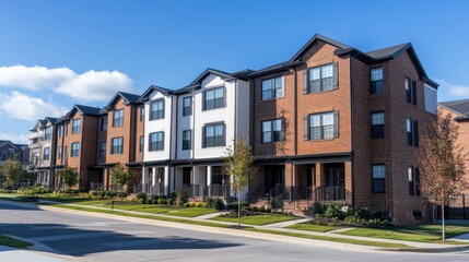 Close-up of clean brickwork on contemporary townhouse facades in new neighborhood