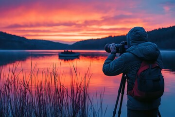 Obraz premium Photographer captures vivid sunset over tranquil lake, colorful sky reflects across water, tripod stabilizes gear in serene nature scene.