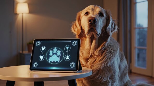 Golden retriever dog is sitting near tablet showing veterinary app interface with paw print, hearts and other pet care symbols at cozy home living room in the evening