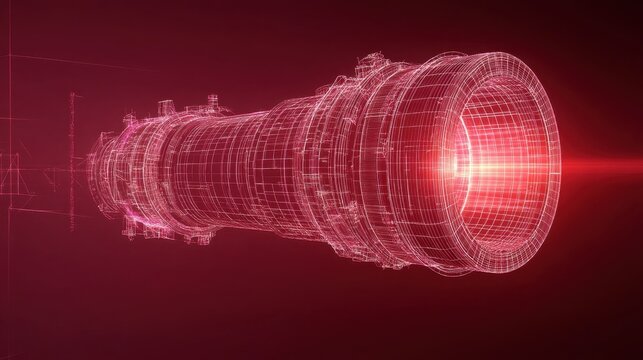 Geometric wireframe of propulsion engine glowing over burgundy gradient