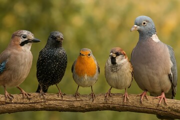 Diverse birds perched together.