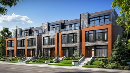 Large windows and sharp brick edges on modern townhouses under clear skies
