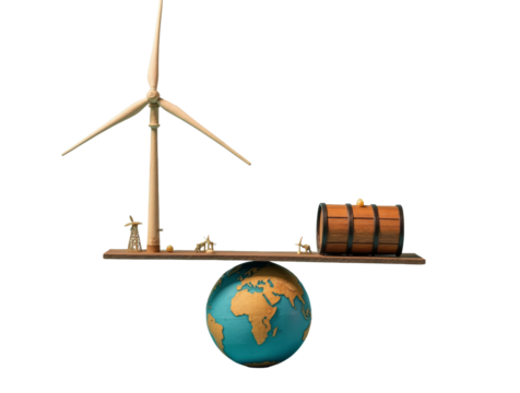A Giant Wind Turbine and an Old Oil Barrel Balanced on Opposite Sides of a Scale Symbolizing the Energy Transition