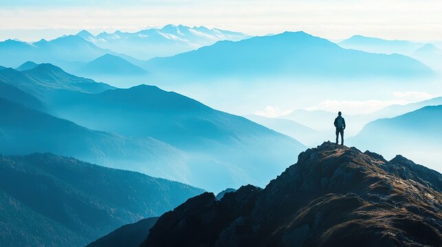 man standing on mountain peak overlooking vast mountain range