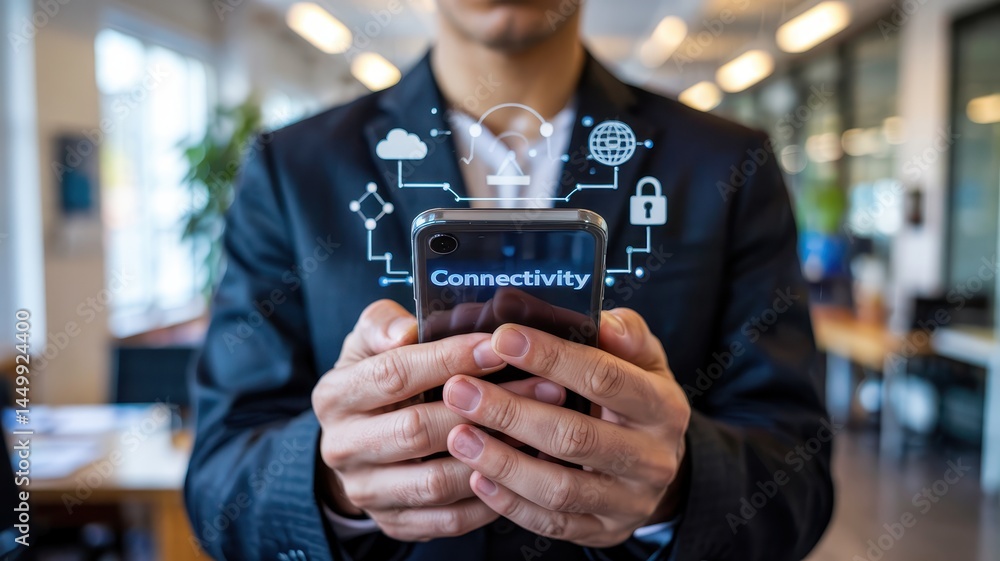 Poster close-up view of a person using a smartphone with connectivity icons overlayed.