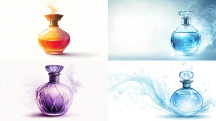 Four perfume bottles, varying in color and style, with smoke and water effects