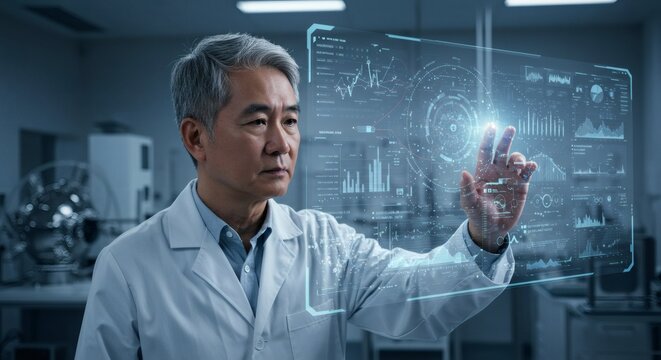 Asian scientist in lab coat interacting with futuristic holographic display interface with data charts - Powered by Adobe
