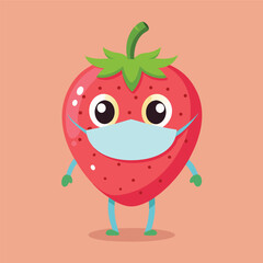 Explore our charming flat icon illustration of a cute strawberry character conscientiously wearing a mask for virus prevention. This delightful design merges health consciousness with whimsical charm,