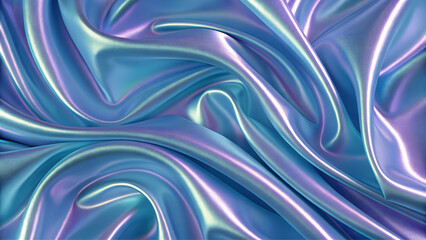 A close up view of a beautiful blue and purple metallic fabric that displays vibrant colors and intricate patterns. Wavy surface with swirls
