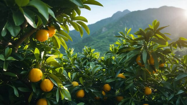 Summer mountain citrus tree plantation and fruit island.