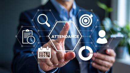 Businessperson interacts with a digital attendance system.