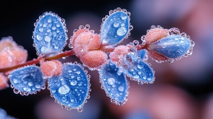 A close-up view of delicate, dew-kissed flowers showcasing vibrant blue and pink petals against a blurred background