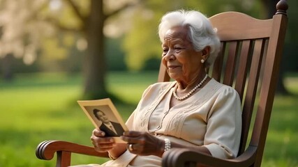 An elderly African-American woman with a nostalgic expression, wearing a vintage dress and pearls, sits in a rocking chair on a breezy spring morning, reminiscing about her past while holding a funera