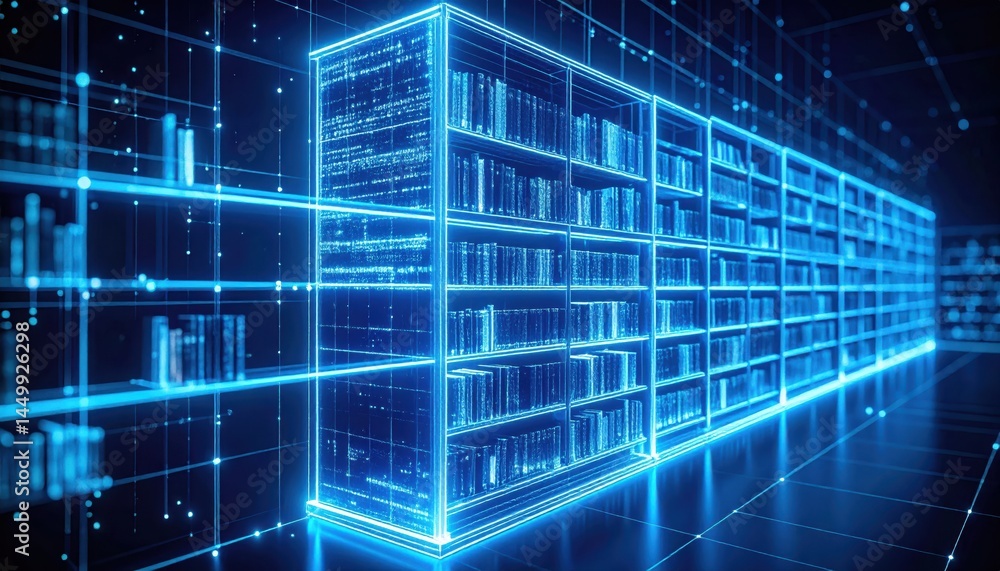 Poster digital representation of modern bookshelf in a futuristic library with illuminated blue lines and a