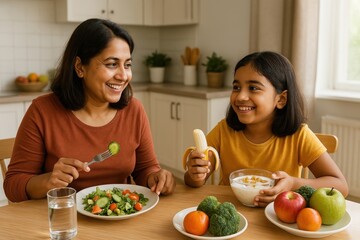 Mother daughter healthy breakfast joy