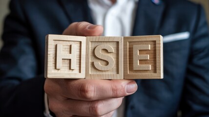 Wooden blocks spelling Hse held by a person in a suit.