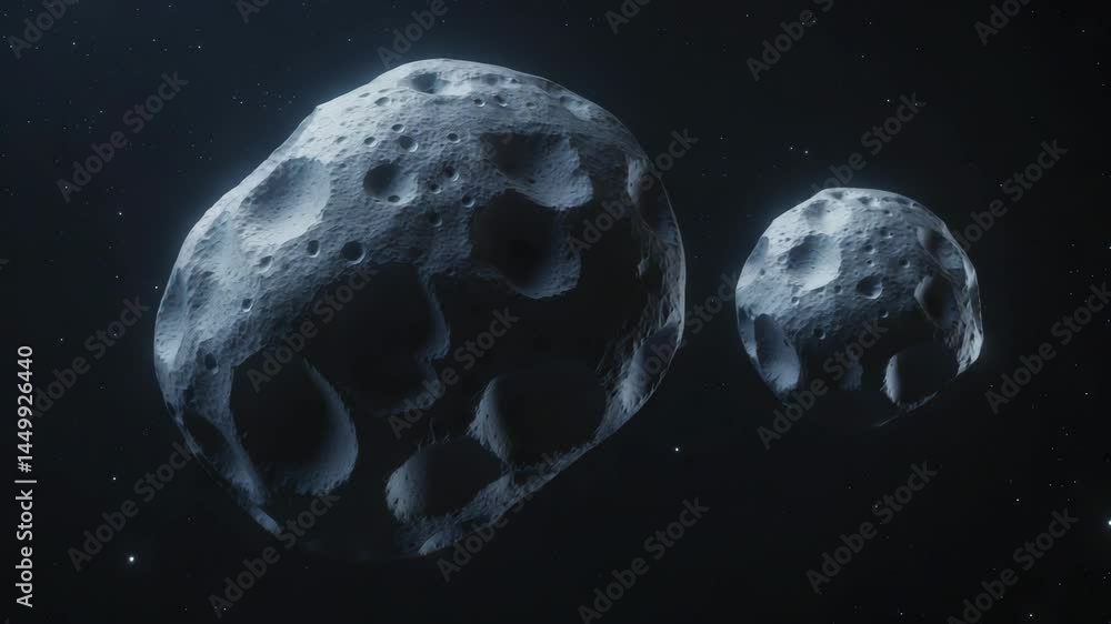 Poster enormous asteroid in space alongside its orbiting satellite. two asteroids are pockmarked with crate