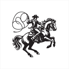 Cowboy Riding Rearing Horse Inside Lasso Frame – Black and White Vector Silhouette