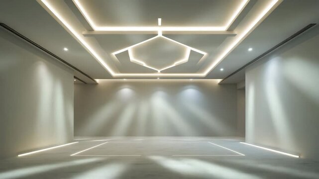 Ribbon light and LED strip illumination suspended on ceilings in a vacant living room with downlights and white walls. Home design and technology.