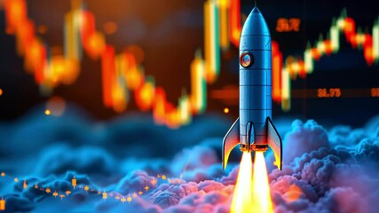 A futuristic rocket launching amidst colorful stock market graphs and clouds, symbolizing innovation - Powered by Adobe
