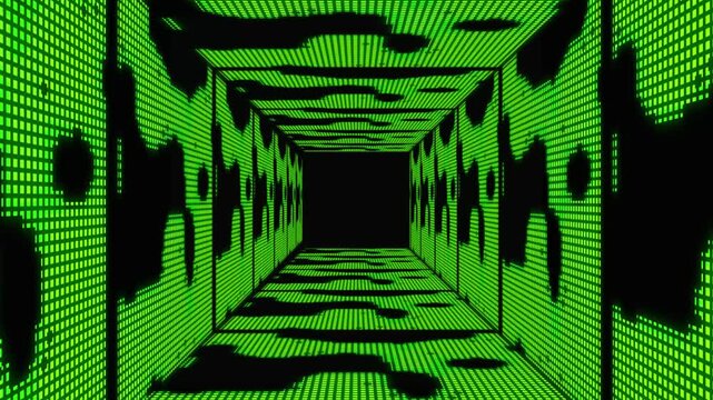 A tunnel or corridor of green horizontal lines. Black shadows or blotches are visible between the lines. At the end of the tunnel is darkness, the end of the path, or a continuation into the unknown.
