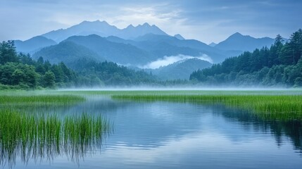 Fototapeta premium Serene landscape at dawn with misty mountains reflecting in a peaceful lake surrounded by lush green grasses