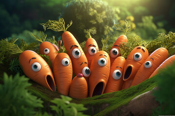 Bunch of carrots with their eyes open and mouths wide open. Scene is playful and lighthearted. surprised vegetables characters with big eyes for kids menu. Healthy food for children.