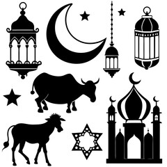 Eid ul-Adha Silhouette Icon Set with Mosque, Moon, and Qurbani Cow