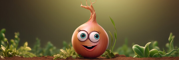 Cartoon onion with big eyes and a smile is sitting in a field of grass. Banner with cute vegetable character for menu, onion soup recipe