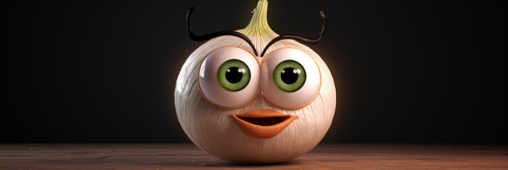Cartoon onion character with big eyes and a smile on a dark horizontal banner background.
