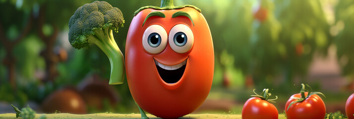 Smiling cartoon tomato or bell pepper character in a summer field with a cheerful face for banner.
