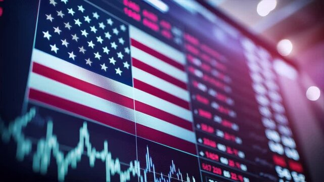 Stock market display with American flag, showcasing finance trends and trade data for financial analysis and investment.