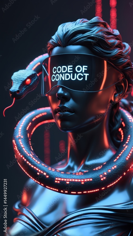 Poster futuristic woman with glowing snake and visor displaying text 