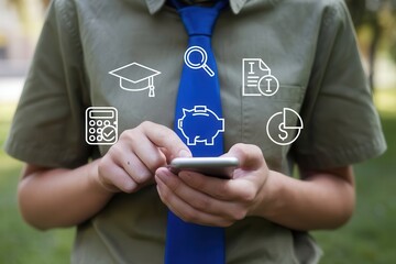 Person using a mobile phone with financial planning icons.