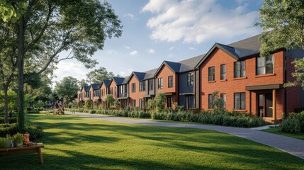 Obraz premium Wide shot of a freshly built townhouse row with sharp brick corners and flat roofs