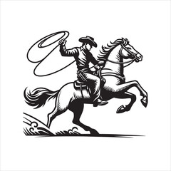 Cowboy Riding Rearing Horse Inside Lasso Frame – Black and White Vector Silhouette