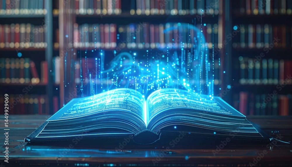 Poster open book with glowing digital text and holographic effects in a library setting showcasing the fusi