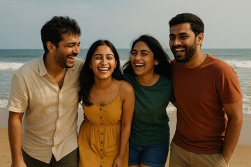 Friends enjoying beach laughter.