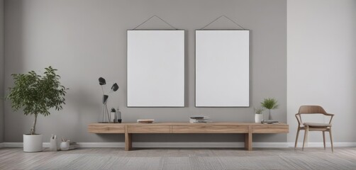 Modern minimalist interior, poster mockup on clips ,  home,  white background,  studio