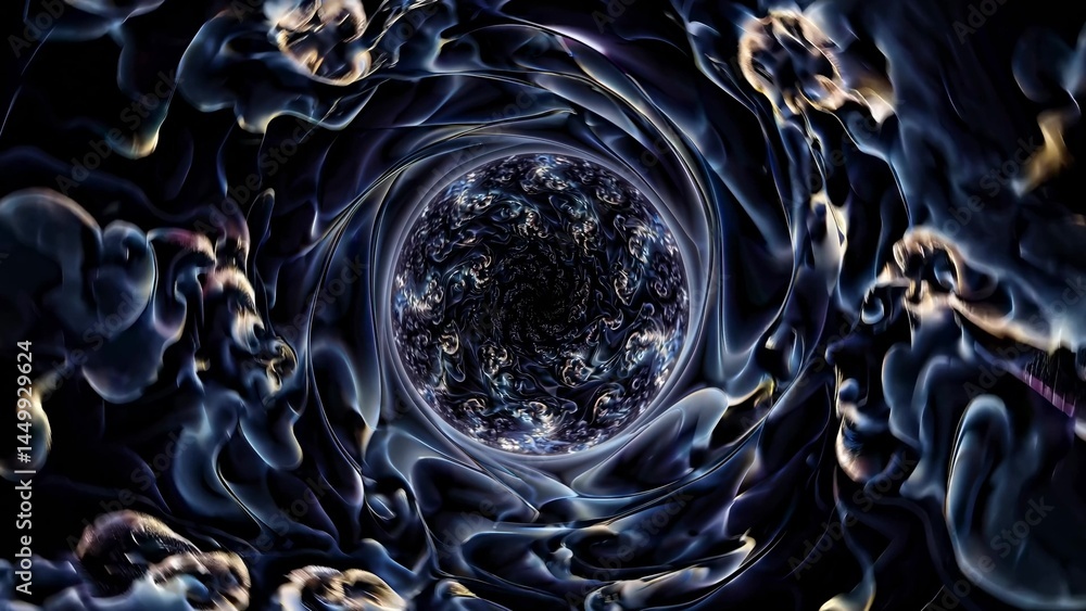 Poster cosmic energy swirling through luminous nebula clouds, forming mesmerizing vortex within dark space 