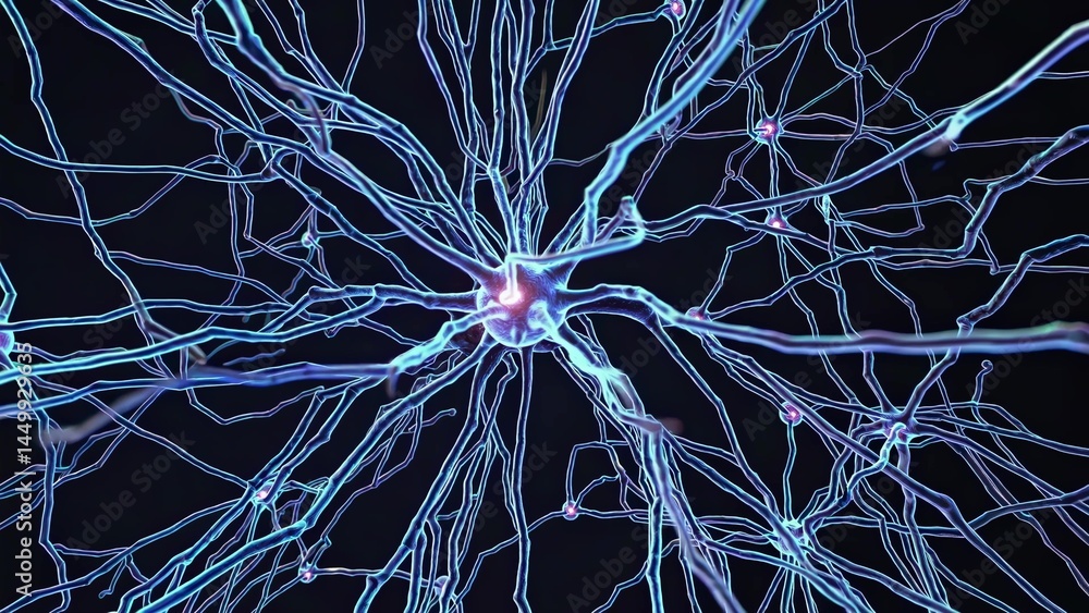 Poster complex biological structure of neuron activating and sending electrical signals through its network