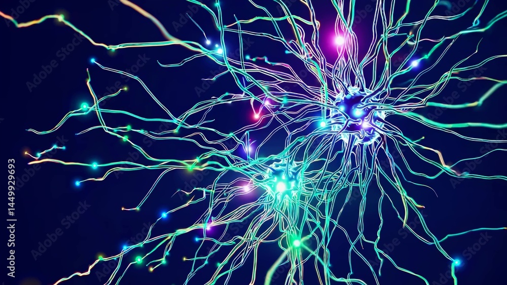 Poster complex network of neurons exchanging electrical and chemical signals, creating a mesmerizing specta