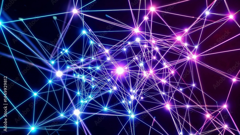 Poster glowing network plexus structure transforming and connecting with light pulses on a dark background 